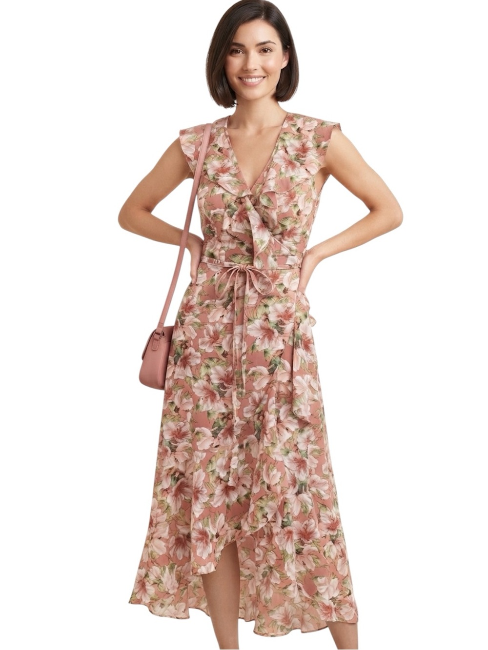Max Studio Floral Ruffle Wrap-Style High-Low Peach Midi Dress – Size S